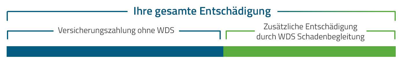 Grafik zur Darstellung der schadenbegleitung. Schadenbegleitung: Wie geht das? WDS handelt in Ihrem Namen und setzt Ihr Recht in Ihrem Namen gegenüber der Versicherung durch. WDS behält nur im Erfolgsfall eine Provision auf die zusätzliche Erstattung. Sie erhalten immer den von der Versicherung zugesicherten Betrag.