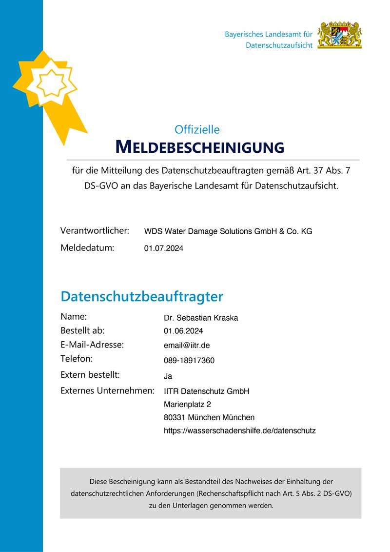 Meldebescheinigung für die Mitteilung eines Datenschutzbeauftragten
